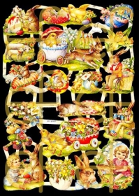 Glanzbilder mit Silber-Glimmer - Osterhasen, Küken, Ostereier, Lamm