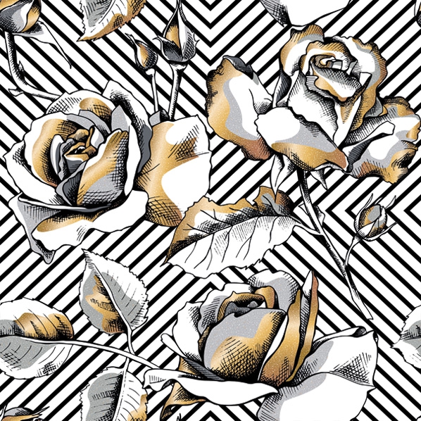 Servietten 33x33 cm - Golden Roses on a Diagonal Stripes, Rosen, Blumen Servietten 33x33 cm - Golden Roses on a Diagonal Stripes