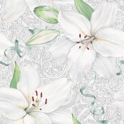 Servietten 33x33 cm - White Lily with Ribbon, Lilien, Blumen Servietten 33x33 cm - White Lily with Ribbon